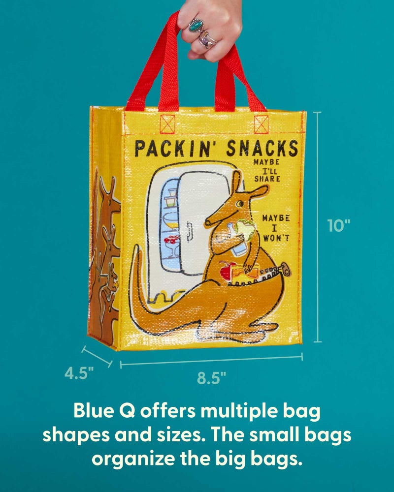 Blue Q Handy Tote, Packin' Snacks, reusable lunch sack or gift bag, made from 95% recycled material, easy to wipe clean, 10"h x 8.5"w x 4.5"d - Image 2